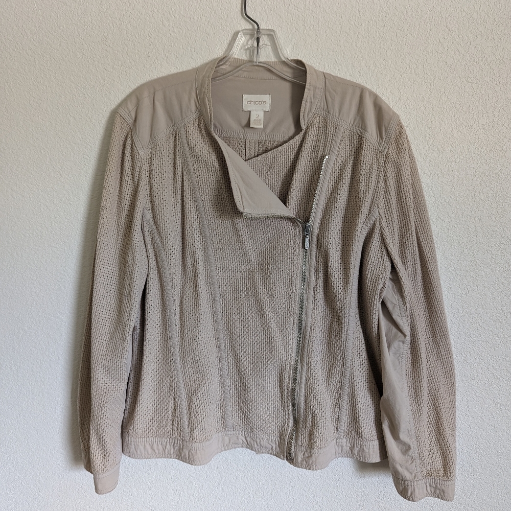 Chico's Moto Jacket, Tan, Size 2 (L) Cotton/Spandex Blend